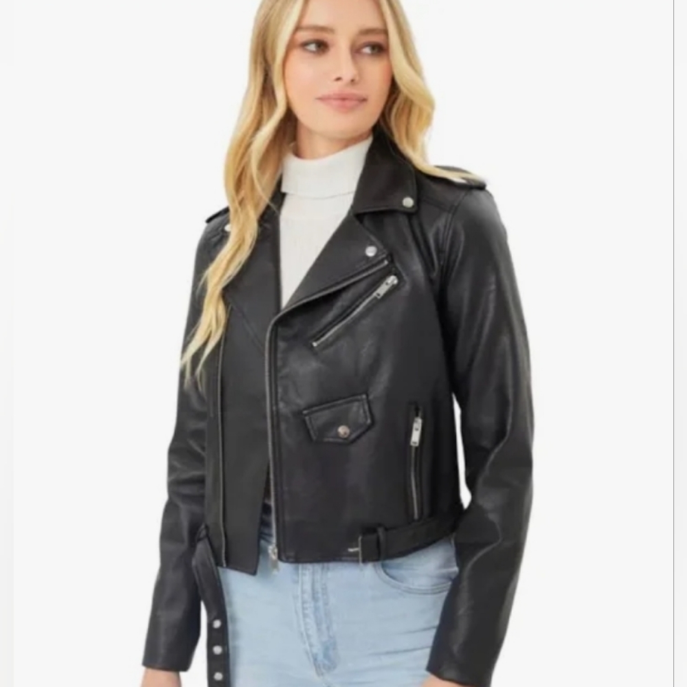 LOVE TREE Black Faux Leather Motor Jacket Women’s Moto Vegan Leather SMALL